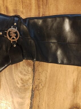 Michael Kors Black Leather Boot with Gold MK Logo Buckle